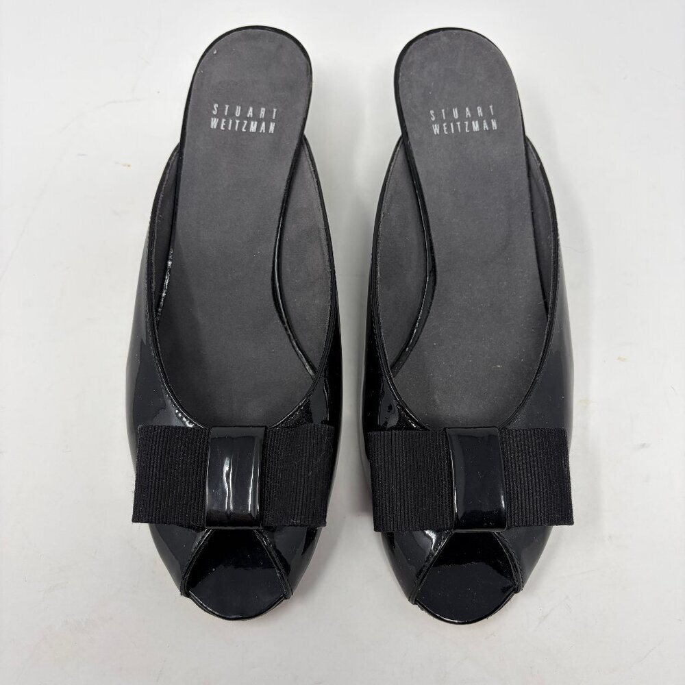 Stuart Weitzman women's Candy mules 8M black patent bow peep toe